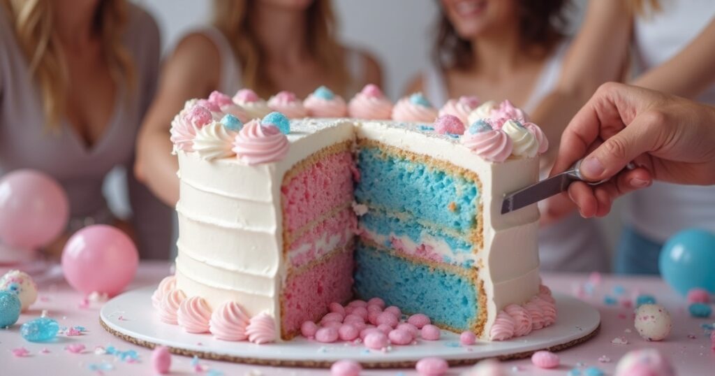 An elegant gender reveal cake being sliced open