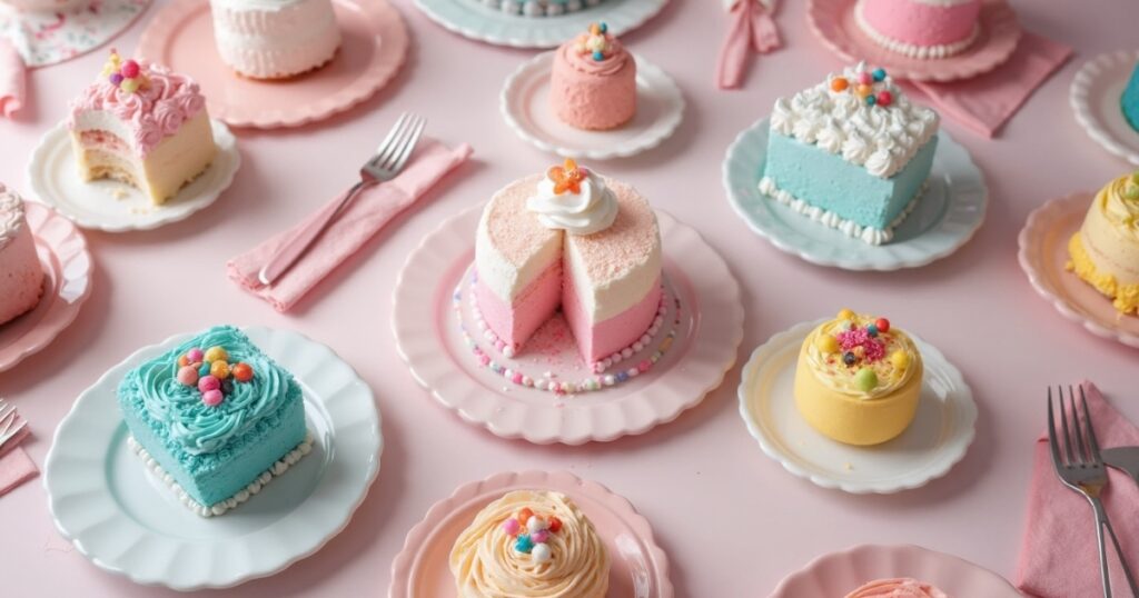 Flat lay of various mini gender reveal cakes