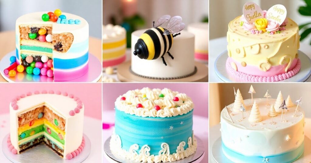 Collage of gender reveal cakes showcasing diverse designs