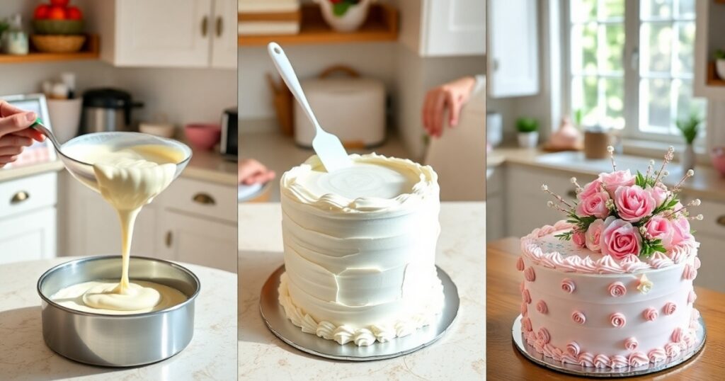 Step-by-step image of a gender reveal cake in progress