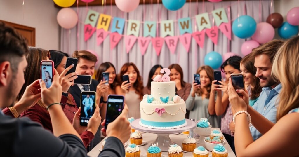 Guests gathered around a gender reveal cake table