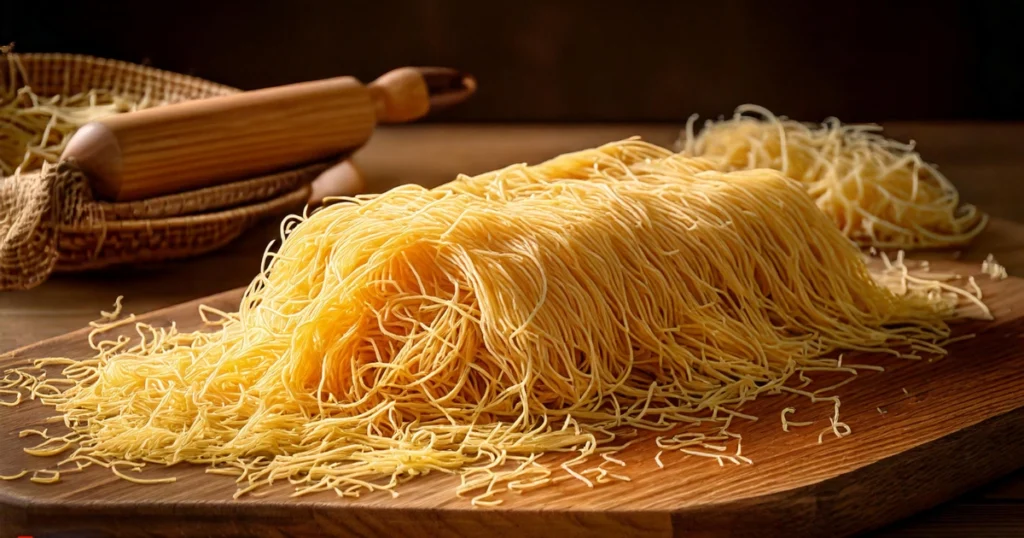 A rustic display of shredded kataifi dough spread out on a wooden board, with a kataifi maker tool beside it