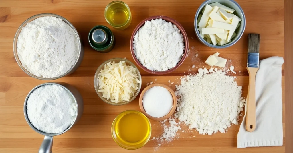 n overhead view of the ingredients and tools for kataifi pastry preparation, including flour, cornstarch, olive oil, a kataifi shredder, and a brush for buttering the dough