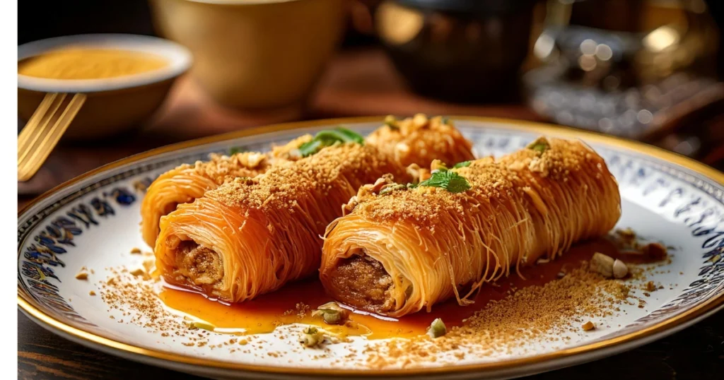 A plate of sweet kataifi rolls, golden brown and crispy, stuffed with crushed walnuts and pistachios, drizzled with syrup, and garnished with a sprinkle of ground cinnamon.