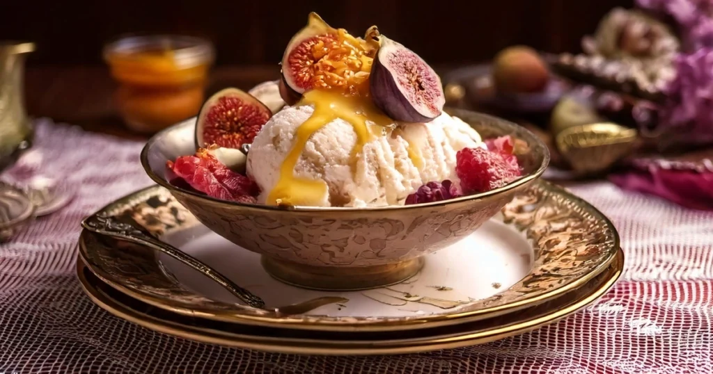 A rich, creamy bowl of Venetian ice cream served with a drizzle of honey and fresh fruit, such as figs or berries, to highlight its historical and Mediterranean roots