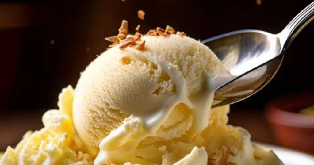 An artistic shot of creamy ice cream being slowly scooped with a metal spoon, emphasizing its dense and velvety texture