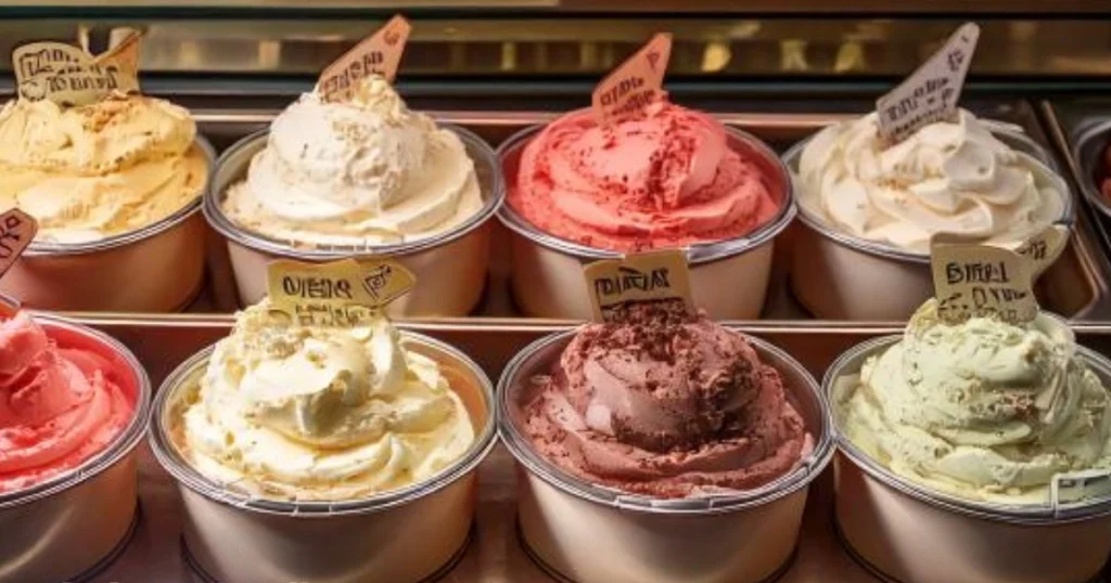 A display of artisan-made ice cream tubs in muted, natural colors, showcasing classic Venetian flavors like mascarpone and zabaglione