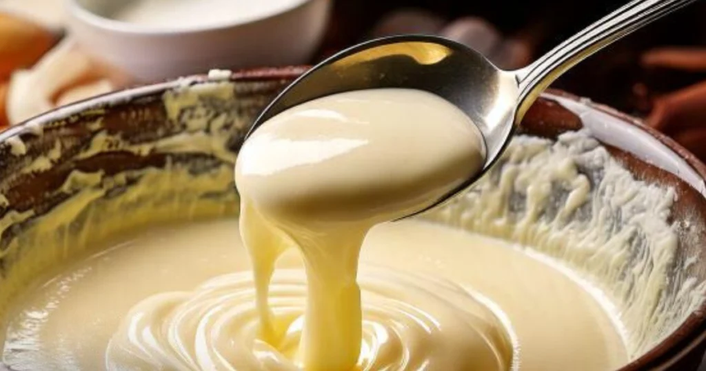 Close-up of a spoon pouring thick, creamy cream into a mixing bowl with ingredients for Madeleine cookies