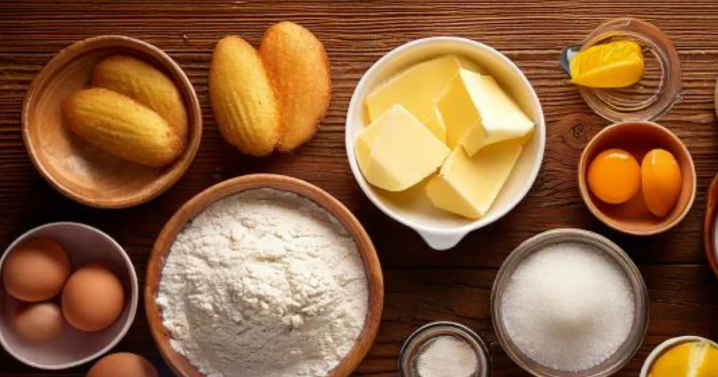 An overhead shot of the ingredients for creamy Madeleine cookies laid out on a rustic wooden countertop.