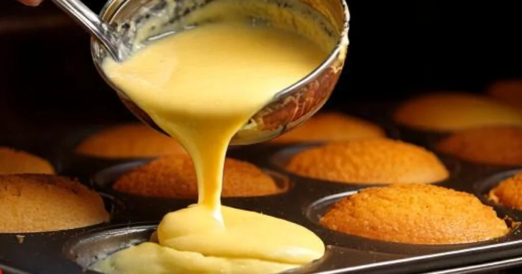 A close-up shot of Madeleine batter being spooned into the Madeleine pan, with the pan placed in the oven, showing the cookies rising and golden brown