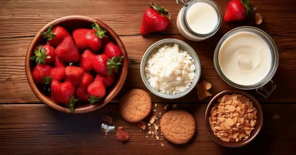 A flat lay of high-quality baking ingredients: a bowl of fresh, ripe strawberries, a jar of heavy cream, crushed vanilla cookies, and freeze-dried strawberries