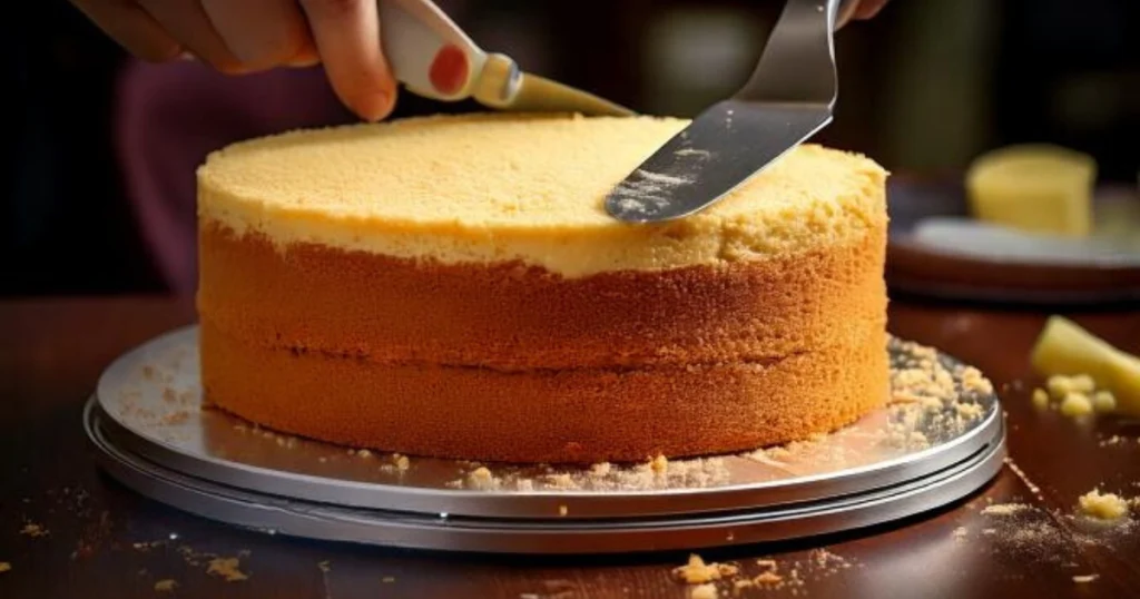 "An image of a freshly baked sponge cake layer being leveled with a serrated knife on a cake turntable