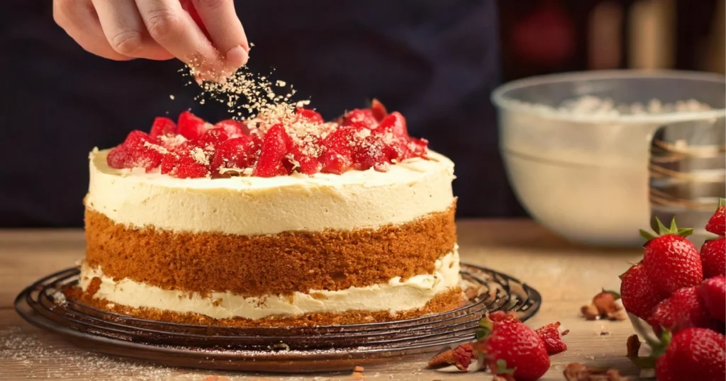 A mid-shot of the cake being assembled: a hand layering cake, spreading creamy filling, and sprinkling strawberry crunch topping