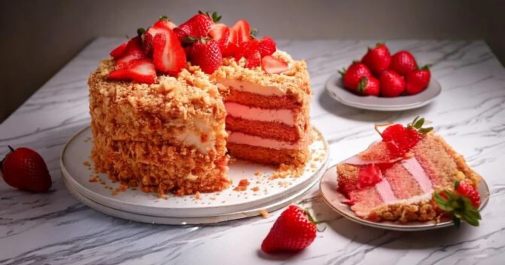 A close-up of the fully assembled Strawberry Crunch Cake, decorated with fresh strawberries, a drizzle of strawberry syrup, and edible flowers