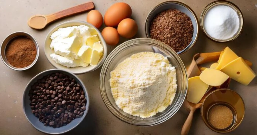 A flat-lay shot of the essential ingredients for Chocolate Chip Cheesecake Cookies: cream cheese, chocolate chips, unsalted butter, eggs, granulated sugar, and brown sugar