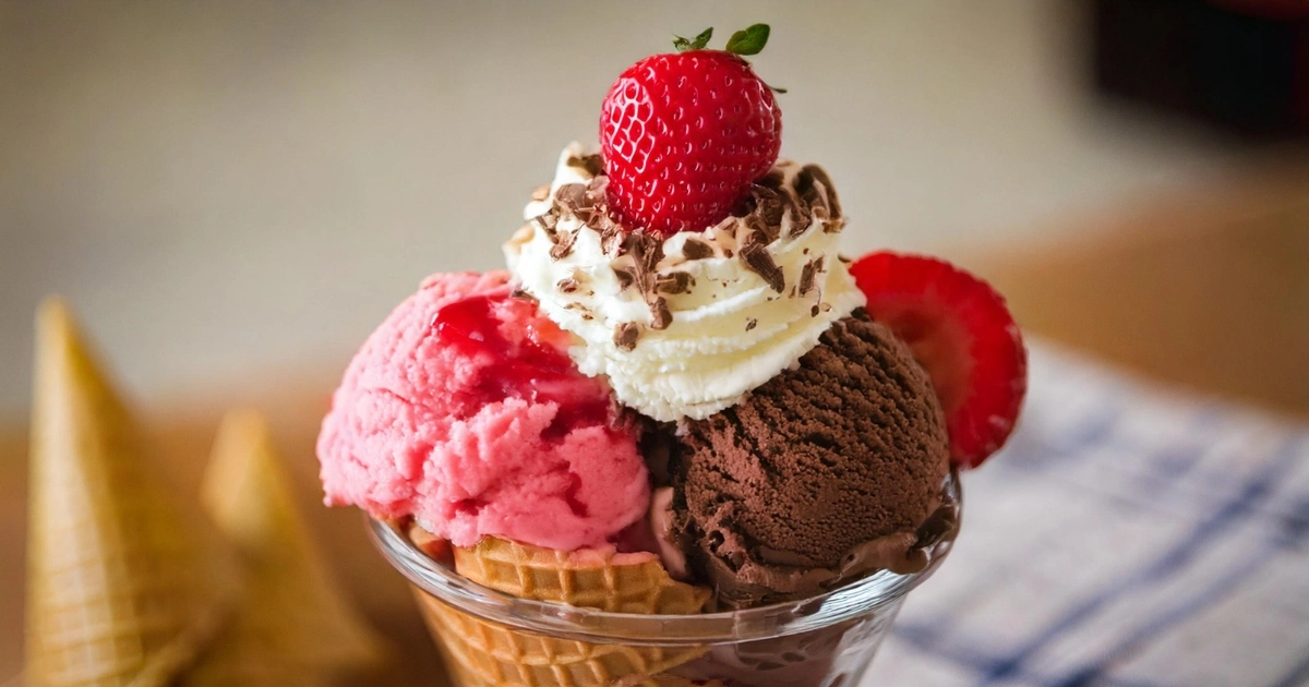 A close-up shot of a triple-scoop Neapolitan ice cream served in a waffle cone or a clear glass cup