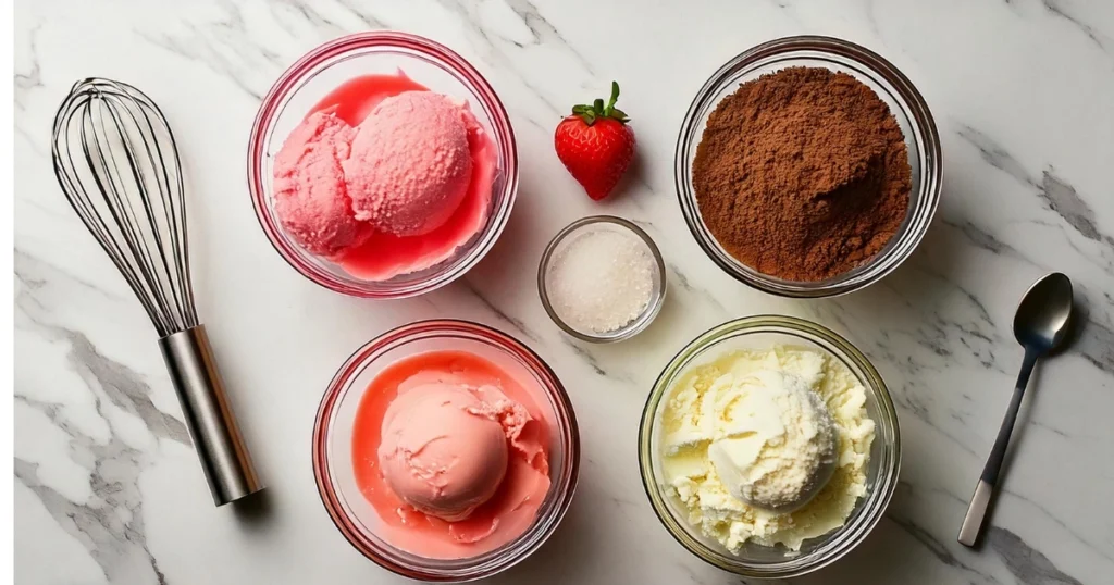 An overhead shot of the ingredients for Neapolitan ice cream neatly arranged around three small bowls of chocolate, vanilla, and strawberry ice cream