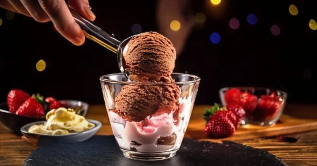 A medium-close shot of a hand holding an ice cream scoop, carefully placing a scoop of chocolate ice cream into a clear glass cup