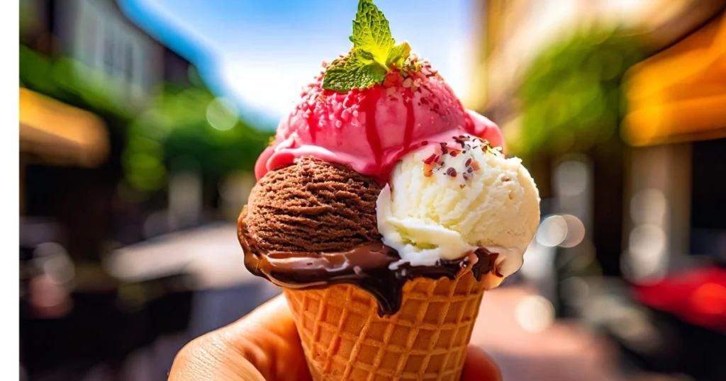 A close-up shot of a finished Neapolitan ice cream cone held in a hand against a softly blurred outdoor background, evoking a sunny day vibe