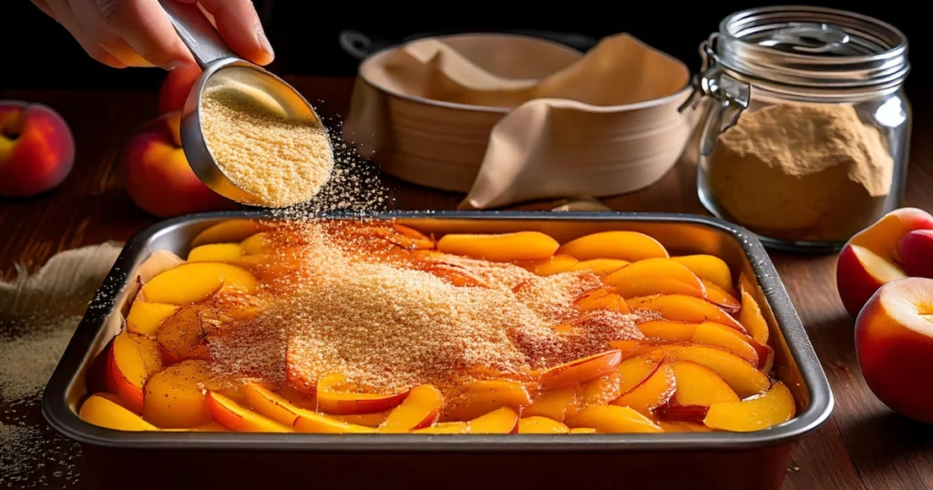 A close-up of a baking dish filled with evenly spread peach slices. A hand is seen sprinkling dry yellow cake mix over the peaches