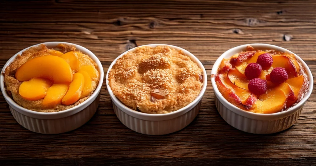 Three variations of peach cobbler displayed side by side on a rustic wooden table