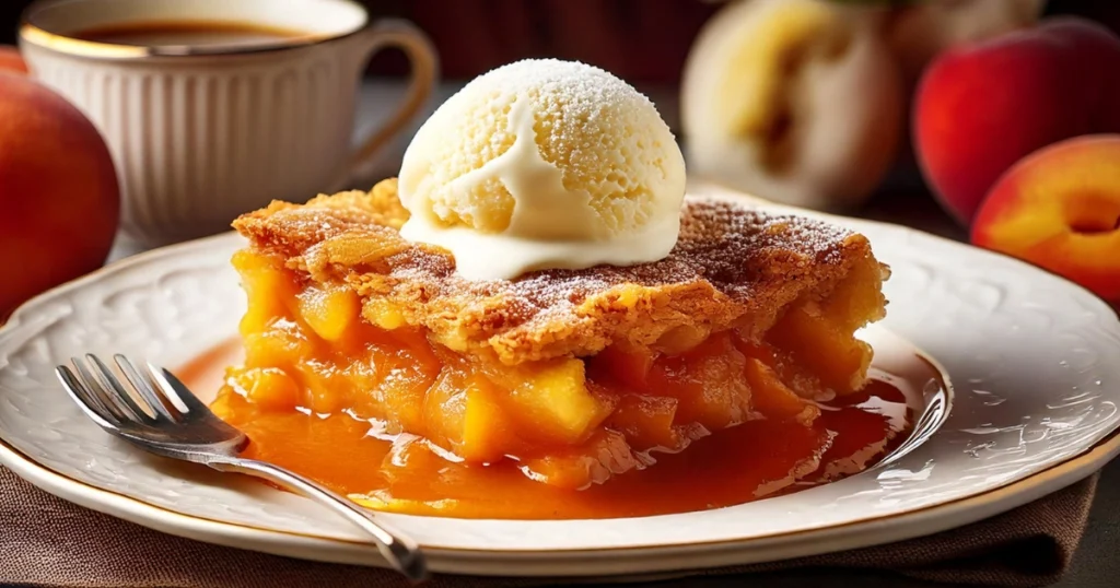 An ultra-realistic serving of peach cobbler plated on a white ceramic dish