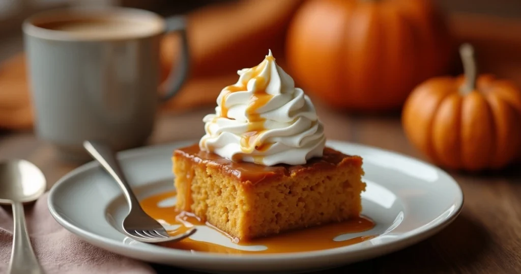 A plate with a single slice of pumpkin dump cake served with a dollop of whipped cream and a drizzle of caramel sauce