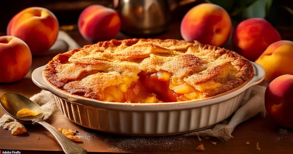 A vibrant and warm image of a half-eaten peach cobbler in a baking dish, with a serving spoon resting on the side