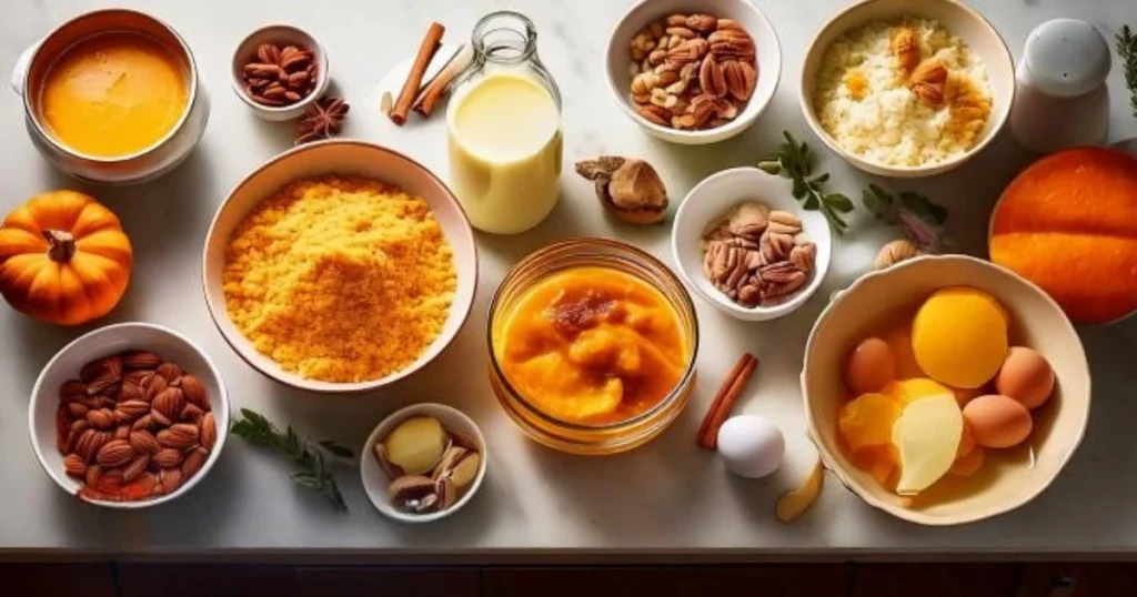 A flat-lay of the ingredients needed for the pumpkin dump cake arranged neatly on a clean kitchen counter. Include pumpkin puree, evaporated milk, eggs, sugar, pumpkin pie spice, yellow cake mix, melted butter in a small bowl, and a handful of pecans