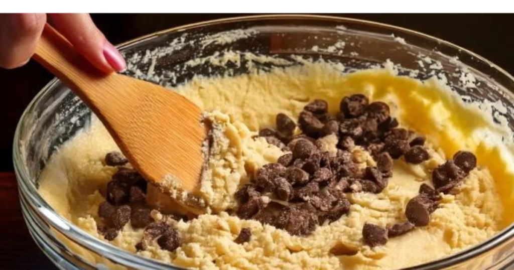 A mid-process shot of cookie dough being mixed in a large glass bowl using a wooden spatula