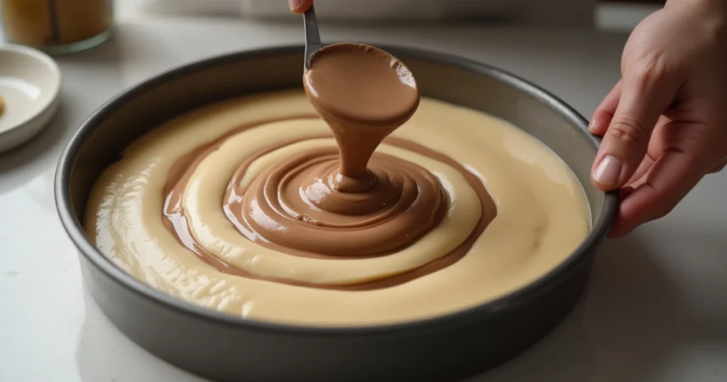 A close-up of a round cake pan with alternating scoops of vanilla and chocolate batter being poured into the center to create concentric rings