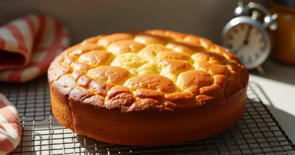 A vibrant photo of the zebra cake fresh out of the oven, cooling on a wire rack.