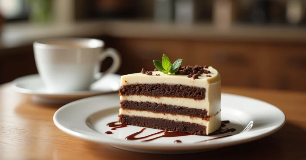 A beautifully styled photo of a slice of zebra cake on a white dessert plate, paired with a cup of coffee