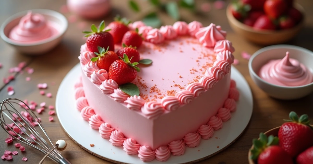 A beautifully decorated heart-shaped cake placed on a wooden table