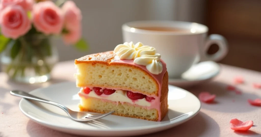 A close-up of a sliced heart-shaped cake, showing its moist layers and creamy frosting.