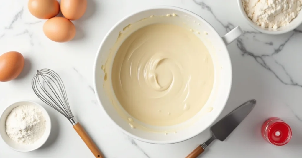 A clean, bright kitchen counter with a mixing bowl containing smooth cake batter