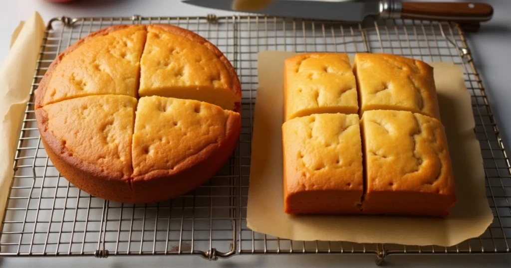 A freshly baked round and square cake cooling on wire racks, with a serrated knife placed nearby