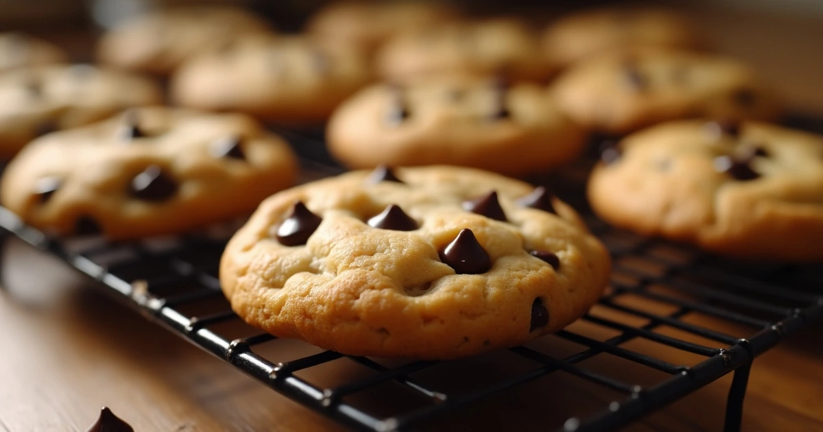 A close-up shot of freshly baked small batch chocolate chip cookies on a cooling rack, with gooey chocolate chips visibly melting