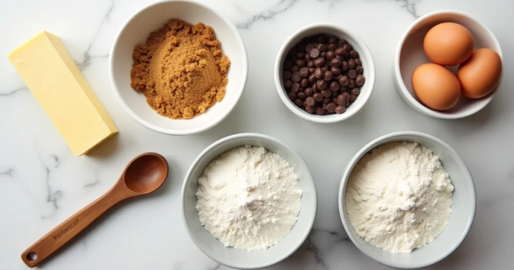 An aesthetically arranged overhead shot of the ingredients needed to make small batch chocolate chip cookies, including unsalted butter, chocolate chips, brown sugar, eggs, flour, and baking soda.