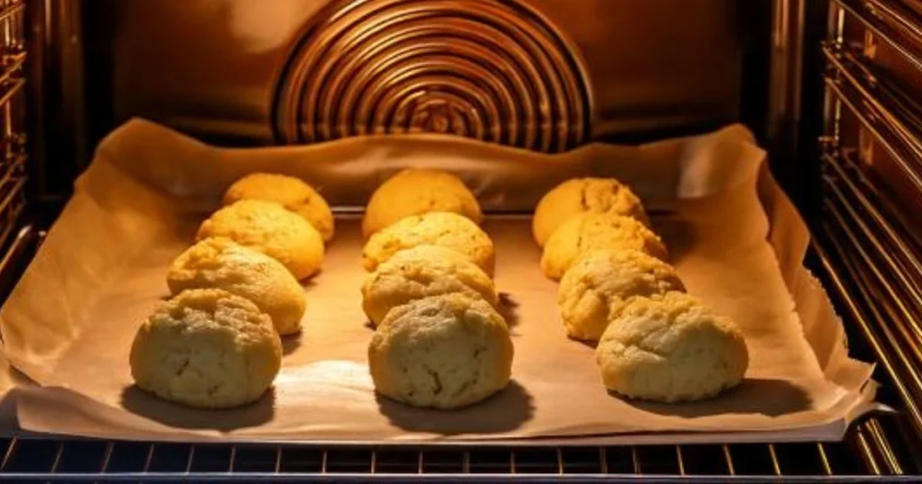 An oven shot of a baking tray lined with parchment paper, holding neatly spaced balls of cookie dough