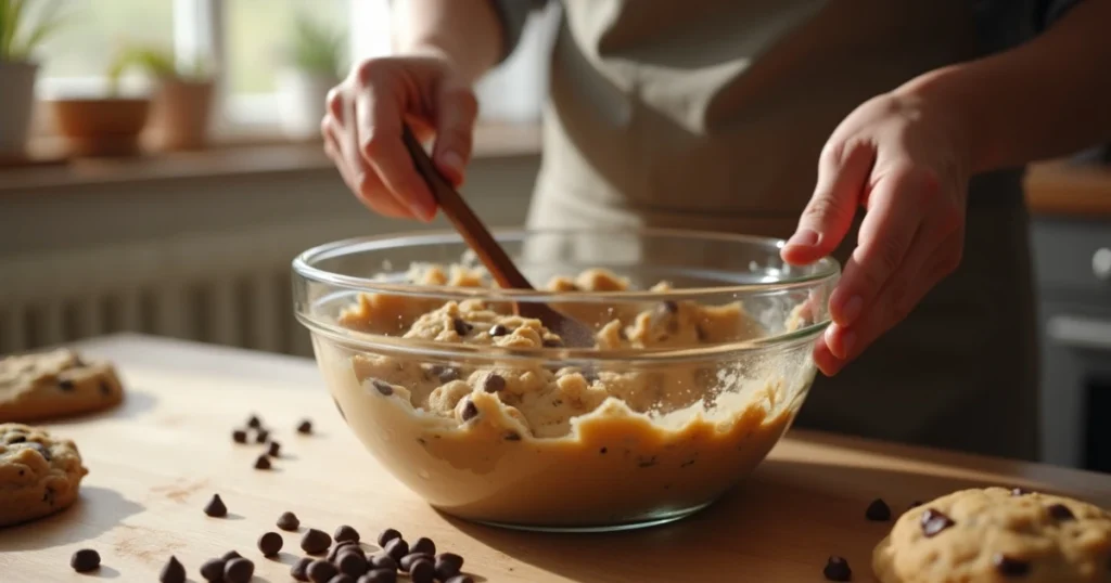 A high-resolution, realistic image of hands mixing the chocolate chip cookie dough in a glass bowl.