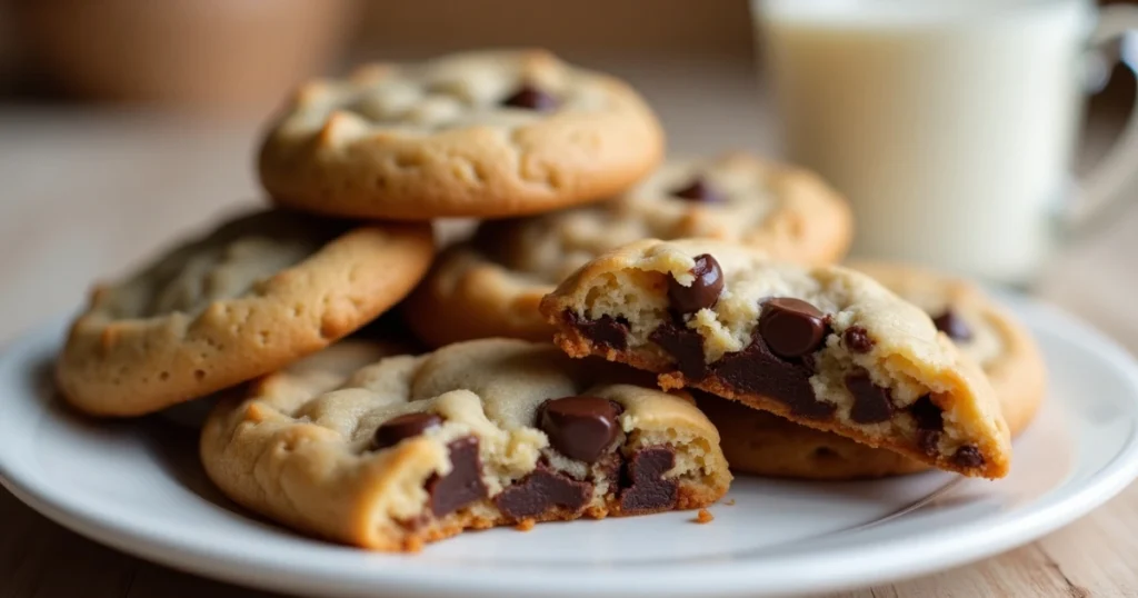 A close-up image of a plate with a small batch of freshly baked chocolate chip cookies, with some cookies broken in half to show their gooey chocolate center