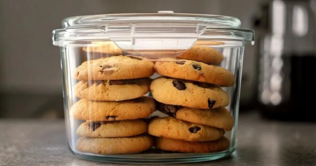 A stack of freshly baked Chocolate Chip Cheesecake Cookies stored in a transparent airtight container on a kitchen countertop