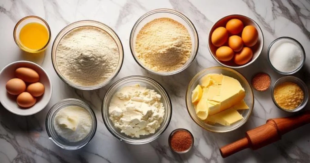 An overhead view of all the ingredients for lobster tail pastry neatly arranged on a marble countertop. Includes flour, eggs, sugar, butter, cream, and a rolling pin.