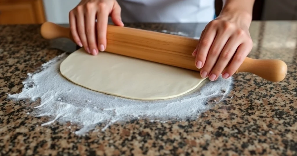 A close-up of hands rolling out thin dough with a wooden rolling pin