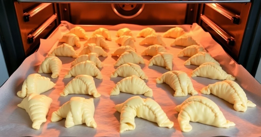 A tray of unbaked lobster tail pastries sitting on parchment paper-lined baking sheets, ready to go into the oven.