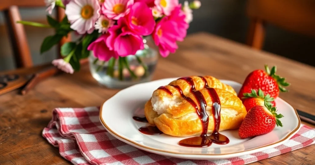 A beautifully plated lobster tail pastry with a drizzle of chocolate syrup and fresh strawberries on the side