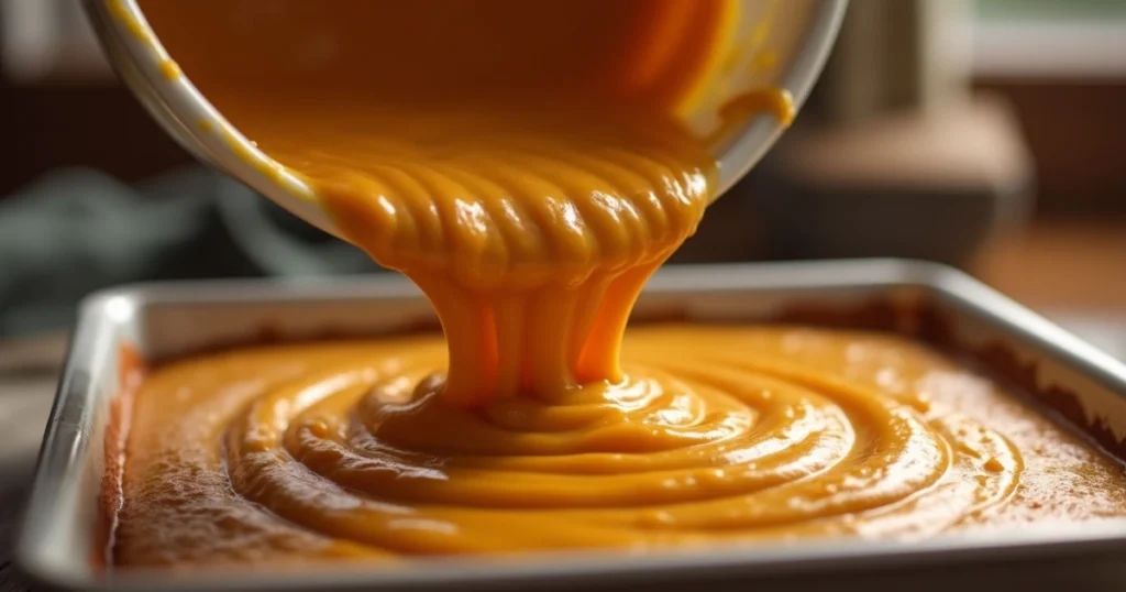 A shot of the pumpkin mixture being poured into a greased 9x13-inch baking dish.