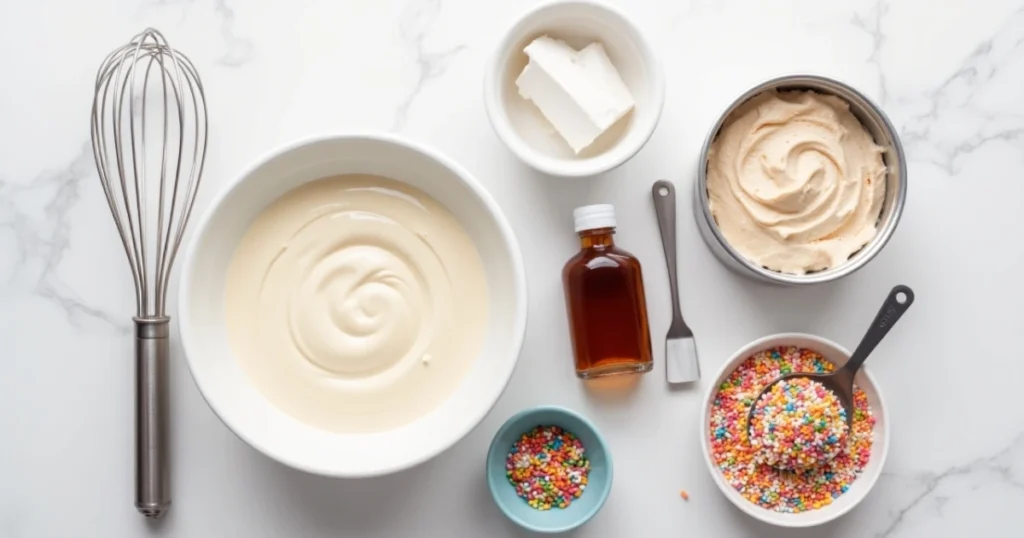 A flat-lay image showcasing the ingredients for birthday cake ice cream: a mixing bowl of heavy cream, a tin of sweetened condensed milk, funfetti cake mix, vanilla extract in a small glass bottle, and a dish of rainbow sprinkles