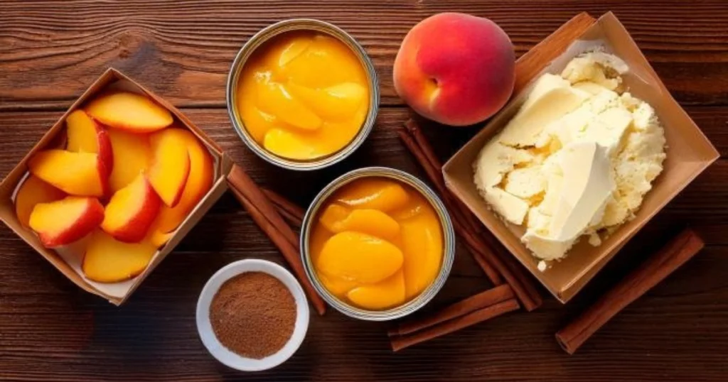 An ultra-realistic flat-lay image of the ingredients needed for peach cobbler with cake mix. Includes two cans of peaches, a box of yellow cake mix, a stick of butter, and a small bowl of ground cinnamon.